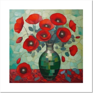 Red Poppies and Eucalyptus Leaves in a Geometric Green Vase Posters and Art